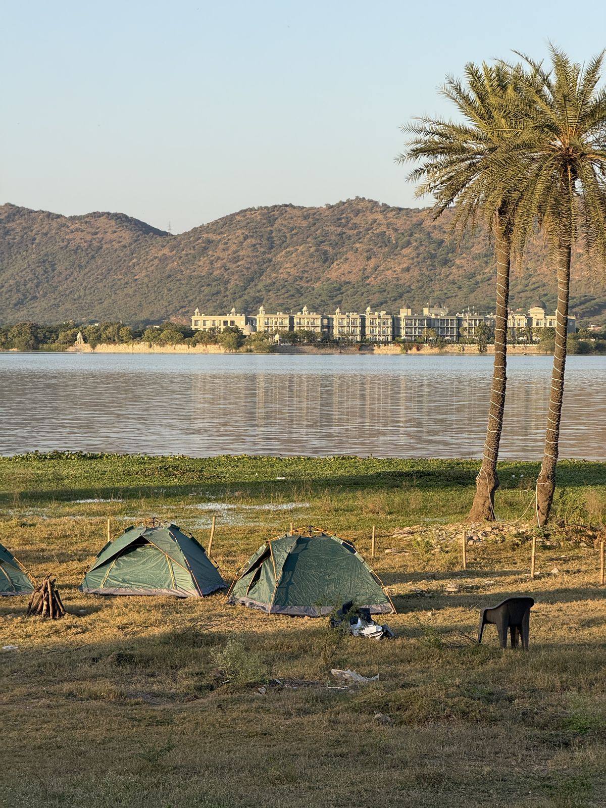 Lakeside camping tents under palm trees
